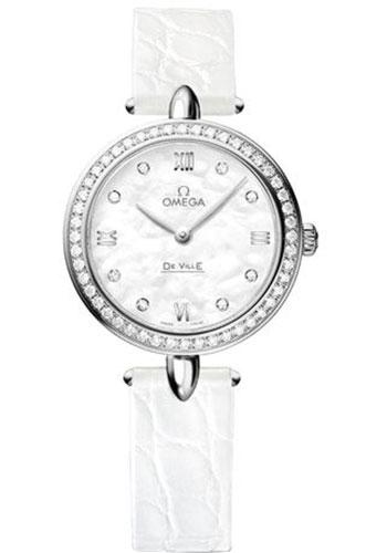 Omega De Ville Prestige Quartz Dewdrop Watch - 27.4 mm Steel Case - Radiant Diamond Paved Bezel - Mother-Of-Pearl Dial - Leather Strap - 424.18.27.60.55.001 - Luxury Time NYC
