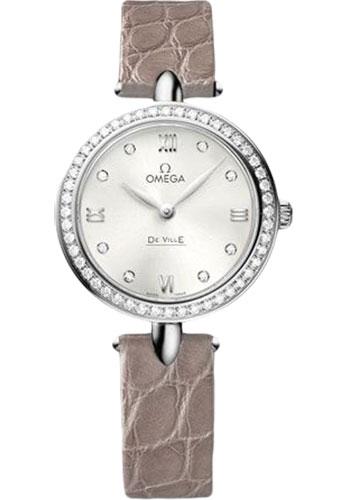 Omega De Ville Prestige Quartz Dewdrop Watch - 27.4 mm Steel Case - Radiant Diamond Paved Bezel - Silvery-Sun Dial - Leather Strap - 424.18.27.60.52.001 - Luxury Time NYC