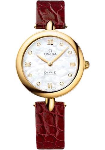 Omega De Ville Prestige Quartz Dewdrop Watch - 27.4 mm Yellow Gold Case - Mother-Of-Pearl Dial - Red Leather Strap - 424.53.27.60.55.001 - Luxury Time NYC