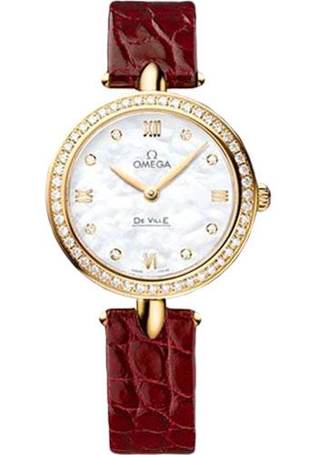 Omega De Ville Prestige Quartz Dewdrop Watch - 27.4 mm Yellow Gold Case - Radiant Diamond Paved Bezel - Mother-Of-Pearl Dial - Red Leather Strap - 424.58.27.60.55.001 - Luxury Time NYC