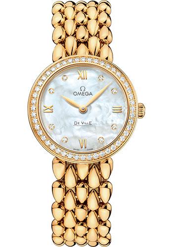 Omega De Ville Prestige Quartz Dewdrop Watch - 27.4 mm Yellow Gold Case - Radiant Diamond-Set Bezel - Mother-Of-Pearl Dial - 424.55.27.60.55.006 - Luxury Time NYC