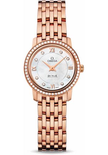 Omega De Ville Prestige Quartz Watch - 24.4 mm Red Gold Case - Diamond Bezel - Mother-Of-Pearl Diamond Dial - 424.55.24.60.55.002 - Luxury Time NYC