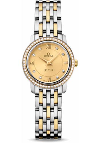 Omega De Ville Prestige Quartz Watch - 24.4 mm Steel And Yellow Gold Case - Diamond Bezel - Champagne Diamond Dial - 424.25.24.60.58.001 - Luxury Time NYC