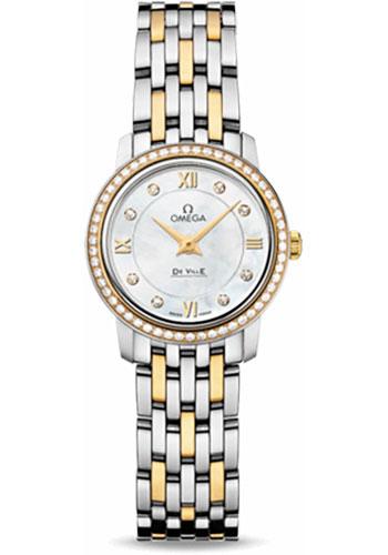 Omega De Ville Prestige Quartz Watch - 24.4 mm Steel And Yellow Gold Case - Diamond Bezel - Mother-Of-Pearl Diamond Dial - 424.25.24.60.55.001 - Luxury Time NYC