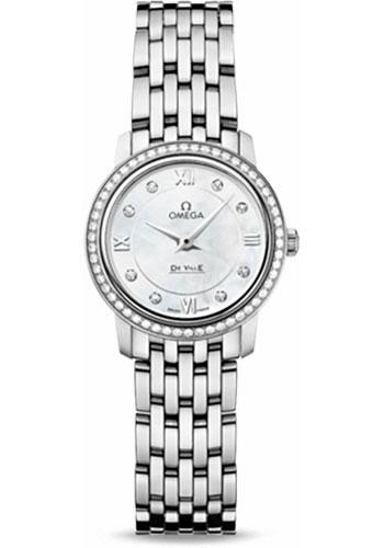 Omega De Ville Prestige Quartz Watch - 24.4 mm Steel Case - Diamond Bezel - Mother-Of-Pearl Diamond Dial - 424.15.24.60.55.001 - Luxury Time NYC