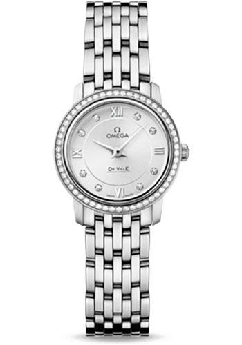 Omega De Ville Prestige Quartz Watch - 24.4 mm Steel Case - Diamond Bezel - Silver Diamond Dial - 424.15.24.60.52.001 - Luxury Time NYC