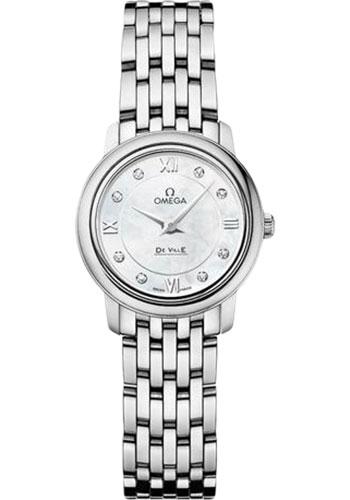 Omega De Ville Prestige Quartz Watch - 24.4 mm Steel Case - Mother-Of-Pearl Diamond Dial - 424.10.24.60.55.001 - Luxury Time NYC