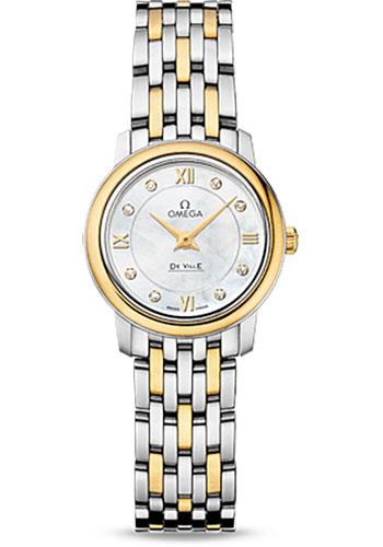 Omega De Ville Prestige Quartz Watch - 24.4 mm Steel Case - Yellow Gold Bezel - Mother-Of-Pearl Diamond Dial - Yellow Gold Bracelet - 424.20.24.60.55.001 - Luxury Time NYC
