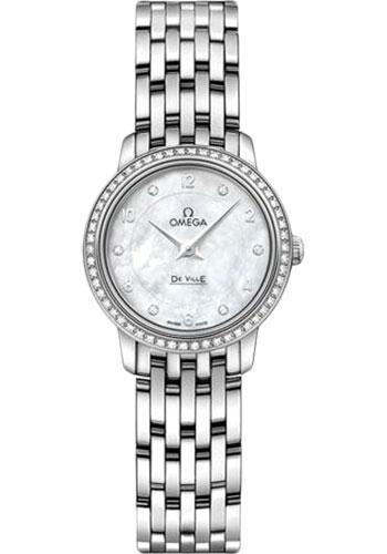Omega De Ville Prestige Quartz Watch - 24.4 mm White Gold Case - Diamond Bezel - Mother-Of-Pearl Diamond Dial - 424.55.24.60.55.003 - Luxury Time NYC