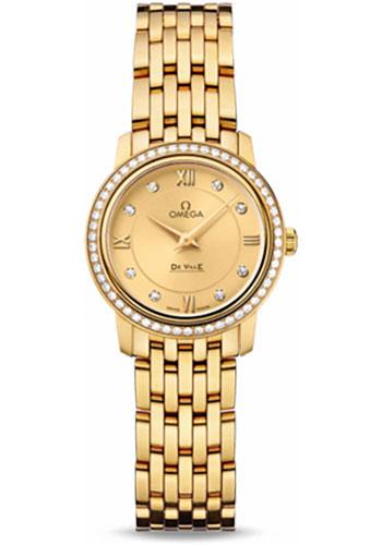 Omega De Ville Prestige Quartz Watch - 24.4 mm Yellow Gold Case - Diamond Bezel - Champagne Diamond Dial - 424.55.24.60.58.001 - Luxury Time NYC