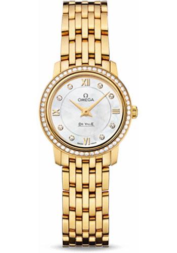 Omega De Ville Prestige Quartz Watch - 24.4 mm Yellow Gold Case - Diamond Bezel - Mother-Of-Pearl Diamond Dial - 424.55.24.60.55.001 - Luxury Time NYC