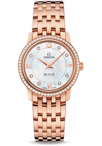 Omega De Ville Prestige Quartz Watch - 27.4 mm Red Gold Case - Diamond Bezel - Mother-Of-Pearl Diamond Dial - 424.55.27.60.55.002 - Luxury Time NYC