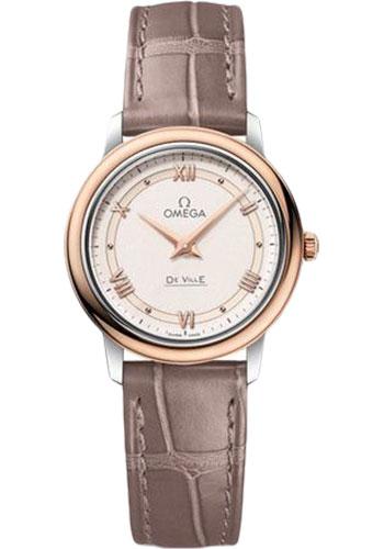 Omega De Ville Prestige Quartz Watch - 27.4 mm Steel And Red Gold Case - Varnished Shimmer Ivory-Beige Dial - Taupe-Brown Leather Strap - 424.23.27.60.09.001 - Luxury Time NYC