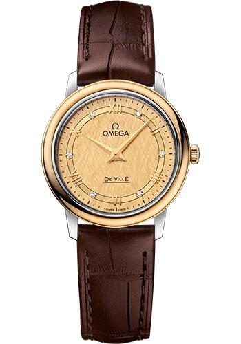 Omega De Ville Prestige Quartz Watch - 27.4 mm Steel And Yellow Gold Case - Champagne Dial - Brown Leather Strap - 424.23.27.60.58.001 - Luxury Time NYC