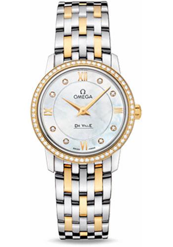 Omega De Ville Prestige Quartz Watch - 27.4 mm Steel And Yellow Gold Case - Diamond Bezel - Mother-Of-Pearl Diamond Dial - 424.25.27.60.55.001 - Luxury Time NYC