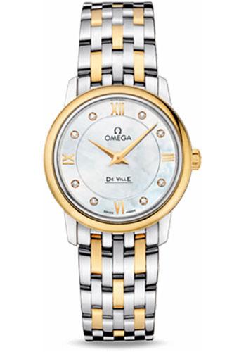 Omega De Ville Prestige Quartz Watch - 27.4 mm Steel And Yellow Gold Case - Mother-Of-Pearl Diamond Dial - 424.20.27.60.58.001 - Luxury Time NYC