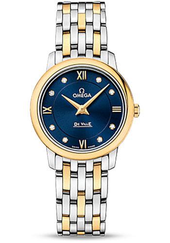 Omega De Ville Prestige Quartz Watch - 27.4 mm Steel Case - 18K Yellow Gold Bezel - Blue Diamond Dial - Yellow Gold-Steel Bracelet - 424.20.27.60.53.002 - Luxury Time NYC