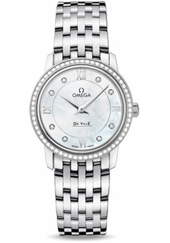 Omega De Ville Prestige Quartz Watch - 27.4 mm Steel Case - Diamond Bezel - Mother-Of-Pearl Diamond Dial - 424.15.27.60.55.001 - Luxury Time NYC