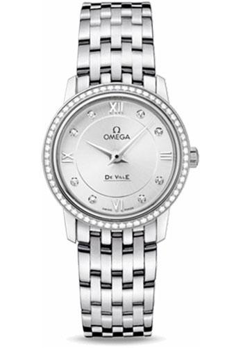 Omega De Ville Prestige Quartz Watch - 27.4 mm Steel Case - Diamond Bezel - Silver Diamond Dial - 424.15.27.60.52.001 - Luxury Time NYC