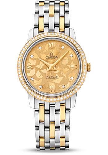 Omega De Ville Prestige Quartz Watch - 27.4 mm Steel Case - Diamond-Set Yellow Gold Bezel - Champagne Diamond Dial - Yellow Gold-Steel Bracelet - 424.25.27.60.58.002 - Luxury Time NYC