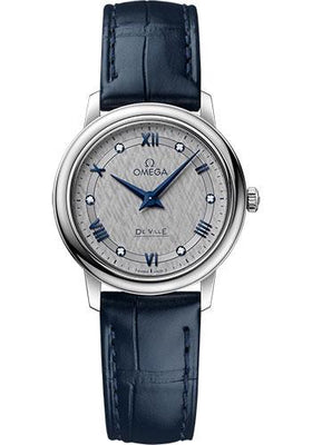 Omega De Ville Prestige Quartz Watch - 27.4 mm Steel Case - Grey Dial - Blue Leather Strap - 424.13.27.60.56.001 - Luxury Time NYC