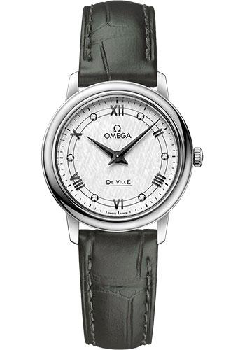Omega De Ville Prestige Quartz Watch - 27.4 mm Steel Case - White Silvery Dial - Hunter Green Leather Strap - 424.13.27.60.52.002 - Luxury Time NYC