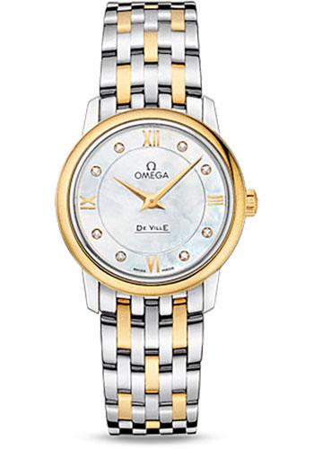 Omega De Ville Prestige Quartz Watch - 27.4 mm Steel Case - Yellow Gold Bezel - Mother-Of-Pearl Diamond Dial - Yellow Gold Bracelet - 424.20.27.60.55.001 - Luxury Time NYC
