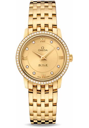 Omega De Ville Prestige Quartz Watch - 27.4 mm Yellow Gold Case - Diamond Bezel - Champagne Diamond Dial - 424.55.27.60.58.001 - Luxury Time NYC