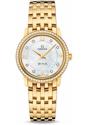 Omega De Ville Prestige Quartz Watch - 27.4 mm Yellow Gold Case - Diamond Bezel - Mother-Of-Pearl Diamond Dial - 424.55.27.60.55.001 - Luxury Time NYC