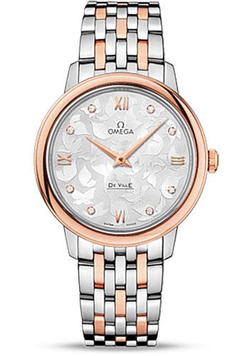 Omega De Ville Prestige Quartz Watch - 32.7 mm Steel Case - 8K Red Gold Bezel - Silver Diamond Dial - Red Gold-Steel Bracelet - 424.20.33.60.52.001 - Luxury Time NYC