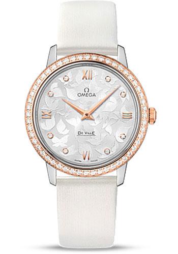 Omega De Ville Prestige Quartz Watch - 32.7 mm Steel Case - Diamond-Set Red Gold Bezel - Silver Diamond Dial - White Satin-Brushed Leather Strap - 424.27.33.60.52.001 - Luxury Time NYC