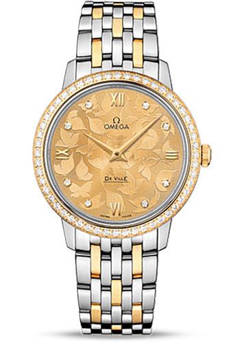 Omega De Ville Prestige Quartz Watch - 32.7 mm Steel Case - Diamond-Set Yellow Gold Bezel - Champagne Diamond Dial - Steel And Yellow Gold Bracelet - 424.25.33.60.58.001 - Luxury Time NYC