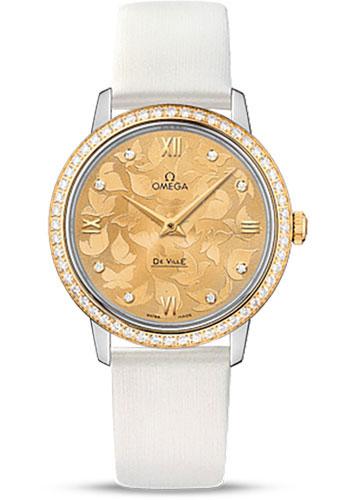 Omega De Ville Prestige Quartz Watch - 32.7 mm Steel Case - Diamond-Set Yellow Gold Bezel - Champagne Diamond Dial - White Satin-Brushed Leather Strap - 424.27.33.60.58.001 - Luxury Time NYC