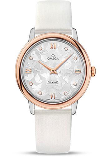 Omega De Ville Prestige Quartz Watch - 32.7 mm Steel Case - Red Gold Bezel - Silver Diamond Dial - White Satin-Brushed Leather Strap - 424.22.33.60.52.001 - Luxury Time NYC