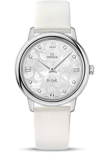 Omega De Ville Prestige Quartz Watch - 32.7 mm Steel Case - Silver Dial - White Satin-Brushed Leather Strap - 424.12.33.60.52.001 - Luxury Time NYC