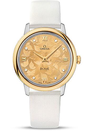 Omega De Ville Prestige Quartz Watch - 32.7 mm Steel Case - Yellow Gold Bezel - Champagne Diamond Dial - White Satin-Brushed Leather Strap - 424.22.33.60.58.001 - Luxury Time NYC