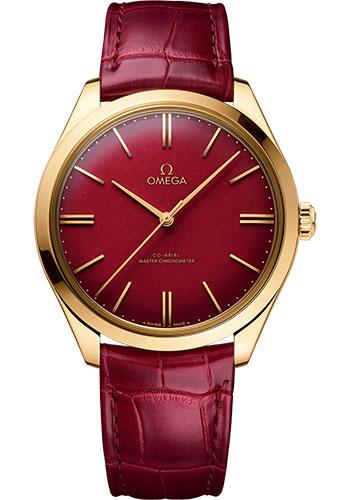 Omega De Ville Tresor Co-Axial Master Chronometer 125th Anniversary Edition Watch - 40 mm Yellow Gold Case - Rare Red Enamel Dial - Burgundy Leather Strap - 435.53.40.21.11.001 - Luxury Time NYC
