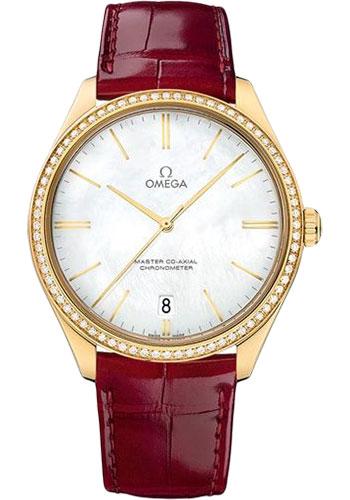 Omega De Ville Tresor Master Co-Axial Watch - 40 mm Yellow Gold Case - Diamond-Set Bezel - Domed Mother-Of-Pearl Dial - Red Leather Strap - 432.58.40.21.05.004 - Luxury Time NYC