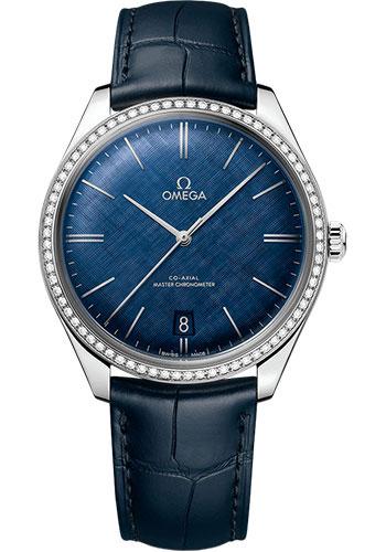 Omega De Ville Tresor Omega Co-Axial Master Chronometer - 40 mm Steel Case - Diamond Bezel - Blue Patterned Dial - Blue Leather Strap - 435.18.40.21.03.001 - Luxury Time NYC