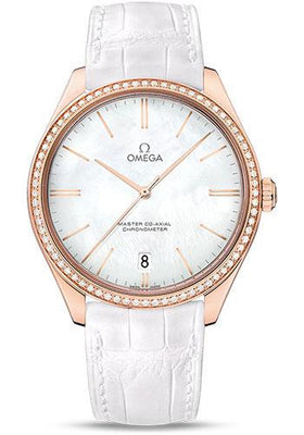 Omega De Ville Tresor Omega Master Co-Axial Watch - 40 mm Sedna Gold Case - Diamond Bezel - White Dial - White Leather Strap - 432.58.40.21.05.001 - Luxury Time NYC