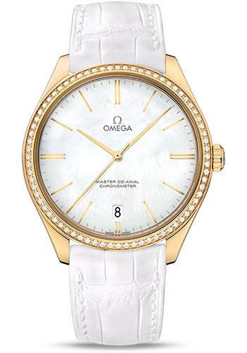 Omega De Ville Tresor Omega Master Co-Axial Watch - 40 mm Yellow Gold Case - Diamond Bezel - White Dial - White Leather Strap - 432.58.40.21.05.002 - Luxury Time NYC