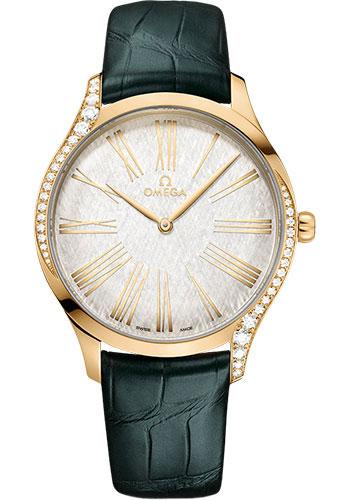 Omega De Ville Tresor Quartz - 39 mm Moonshine Gold Case - Lacquered Opaline Silver Dial - Iridescent Green Leather Strap - 428.58.39.60.02.001 - Luxury Time NYC