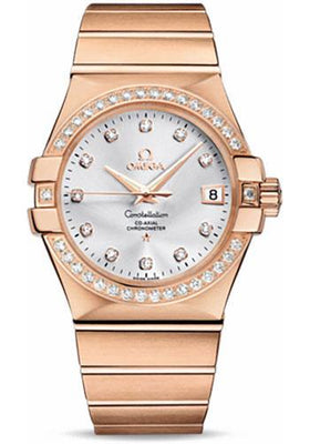 Omega Gents Constellation Chronometer Watch - 35 mm Brushed Red Gold Case - Diamond Bezel - Silver Diamond Dial - 123.55.35.20.52.001 - Luxury Time NYC