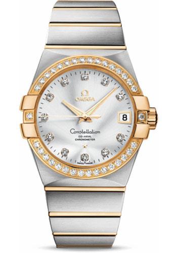 Omega Gents Constellation Chronometer Watch - 38 mm Brushed Steel And Yellow Gold Case - Diamond Bezel - Silver Diamond Dial - 123.25.38.21.52.002 - Luxury Time NYC