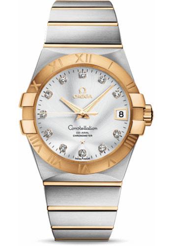 Omega Gents Constellation Chronometer Watch - 38 mm Brushed Steel And Yellow Gold Case - Silver Diamond Dial - 123.20.38.21.52.002 - Luxury Time NYC