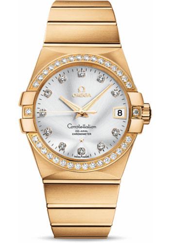 Omega Gents Constellation Chronometer Watch - 38 mm Brushed Yellow Gold Case - Diamond Bezel - Silver Diamond Dial - 123.55.38.21.52.002 - Luxury Time NYC
