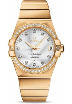 Omega Gents Constellation Chronometer Watch - 38 mm Brushed Yellow Gold Case - Diamond Bezel - Silver Diamond Dial - 123.55.38.21.52.002 - Luxury Time NYC