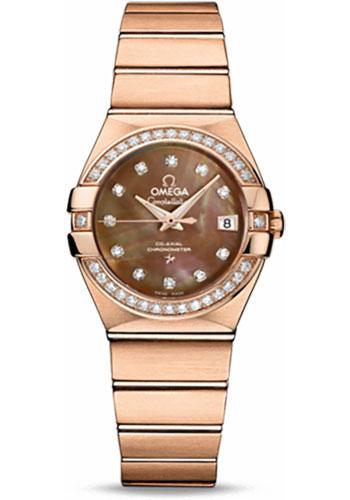 Omega Ladies Constellation Chronometer Watch - 27 mm Brushed Red Gold Case - Diamond Bezel - Dark Mother-Of-Pearl Diamond Dial - 123.55.27.20.57.001 - Luxury Time NYC