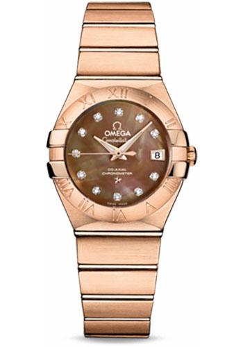 Omega Ladies Constellation Chronometer Watch - 27 mm Brushed Red Gold Case - Mother-Of-Pearl Diamond Dial - 123.50.27.20.57.001 - Luxury Time NYC