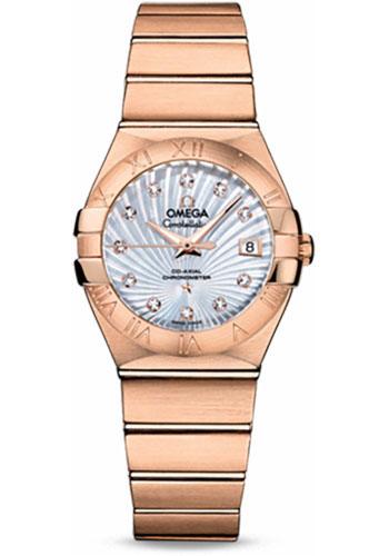 Omega Ladies Constellation Chronometer Watch - 27 mm Brushed Red Gold Case - Mother-Of-Pearl Supernova Diamond Dial - 123.50.27.20.55.001 - Luxury Time NYC